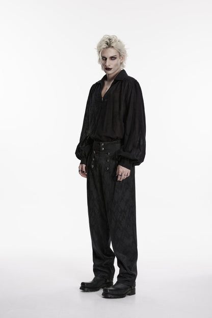 Black Lapel Collar Long Lantern Sleeves Printed Embroidered Men's Gothic Shirt