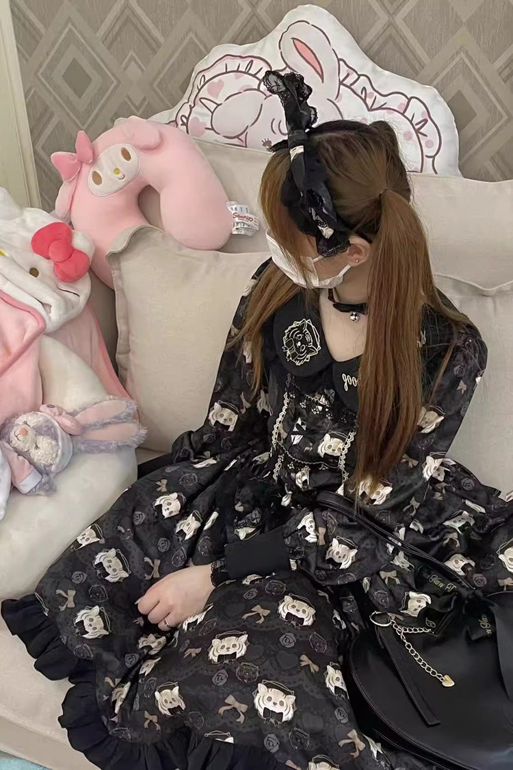 Black Long Sleeves Print Bowknot Sweet Plus Size College Style Lolita Dress