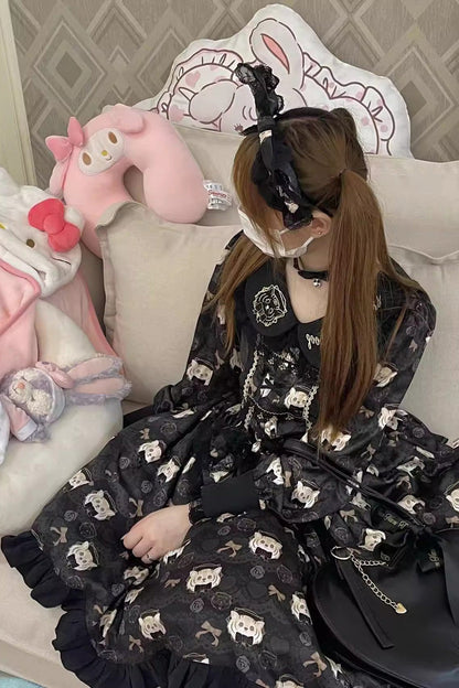 Black Long Sleeves Print Bowknot Sweet Plus Size College Style Lolita Dress