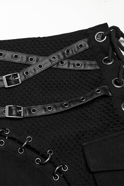 Black Faux Leather Stitching Lace-Up Irregular Mesh Men's Gothic Kilt