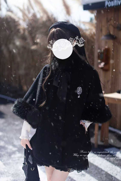 Black Long Sleeves Lace Gothic Japanese Lolita Fluffy Cloak Coat