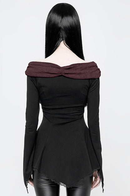 Black Bertha Neck Off Shoulder Long Sleeves Embroidery Women's Punk Blouse