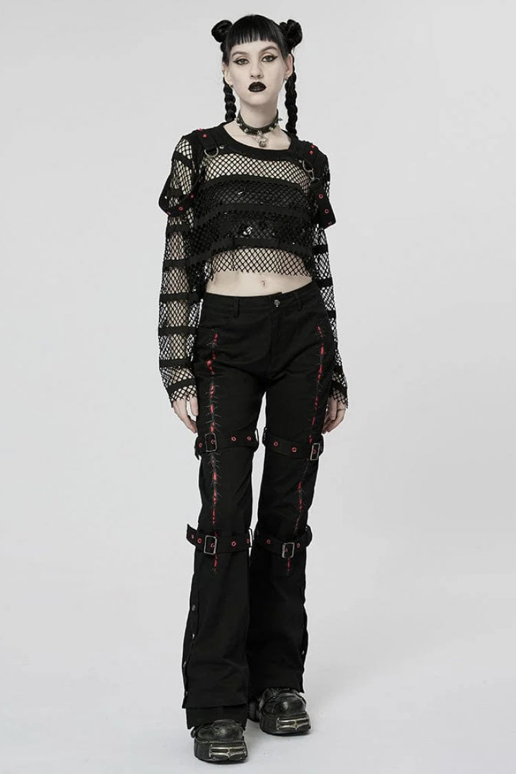 Black Long Sleeves Lace-Up Sheer Mesh Womens Steampunk T-Shirt