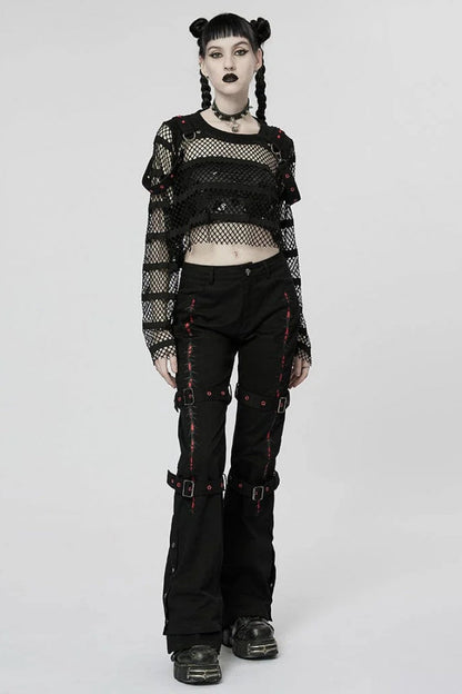 Black Long Sleeves Lace-Up Sheer Mesh Womens Steampunk T-Shirt