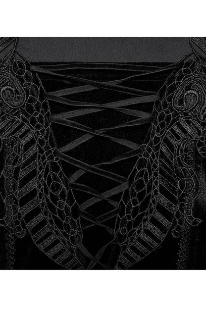 Black Gorgeous Velvet Fabric Embroidered Jacquard Neckline Irregular Hem Trumpet Sleeve Women's Gothic Dress