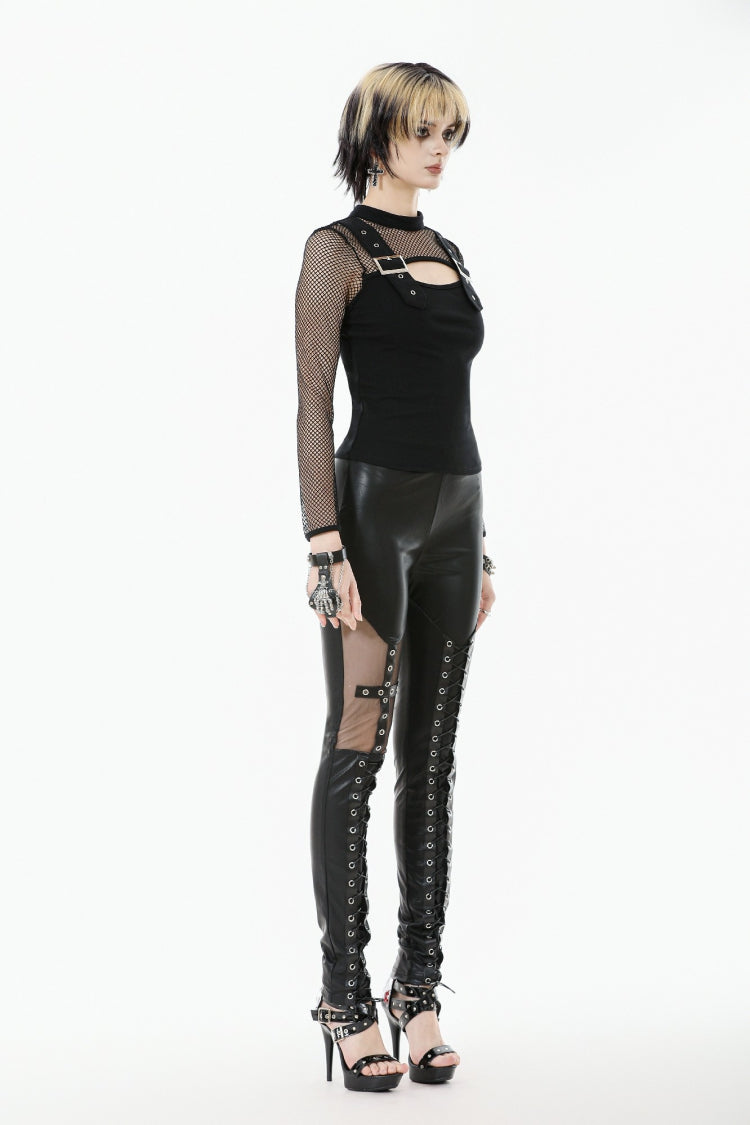 Black Cross Lace-Up PU Sheer Mesh Women's Gothic Punk Pants
