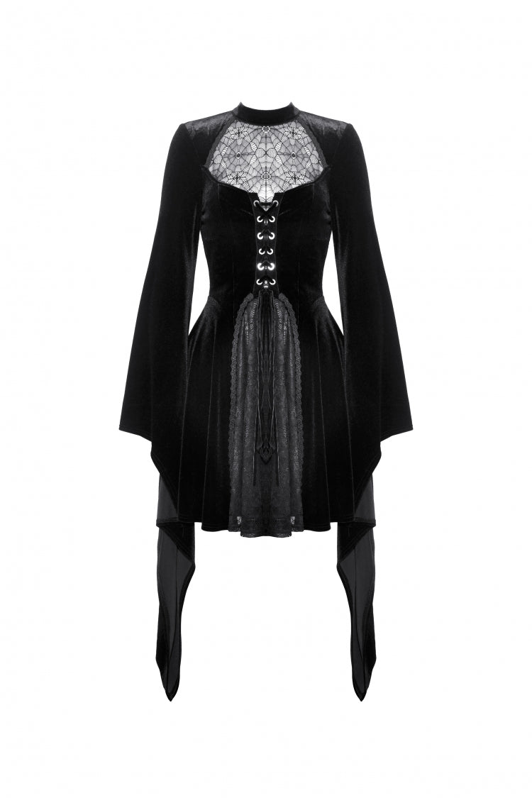 Black Long Trumpet Sleeves Spliced Lace-Up Spider Mesh Women's Gothic Velvet Wedding Dress