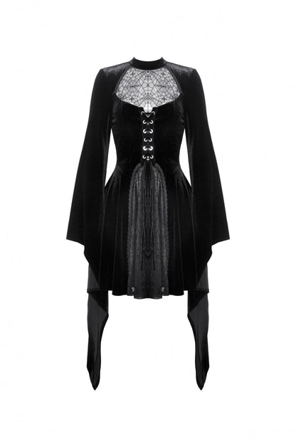 Black Long Trumpet Sleeves Spliced Lace-Up Spider Mesh Women's Gothic Velvet Wedding Dress