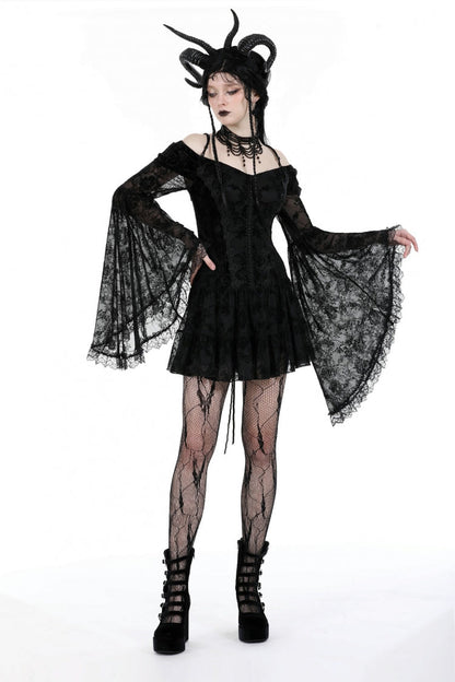 Black Off Shoulder Long Trumpet Sleeves Velvet Spliced Mesh Women's Gothic Graduation Dress
