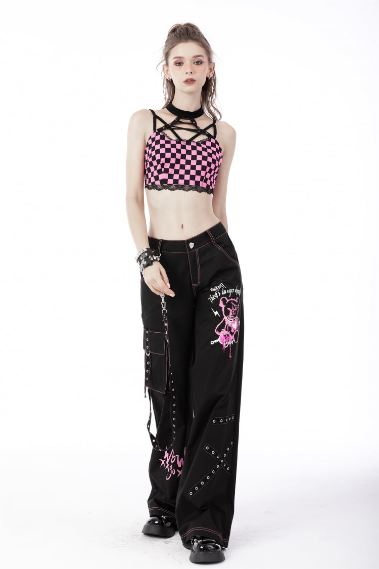 Black Dangerous Bear Chain-Decorated Women's Grunge Bell Bottom Pants
