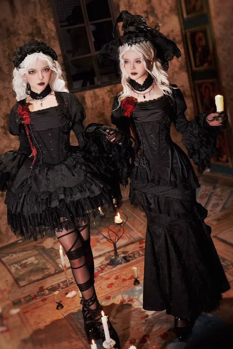 Black  [Letters & Poems · Twilight] Multi-Layered Jacquard Ruffled Witch Gothic Lolita Skirt 2 Versions
