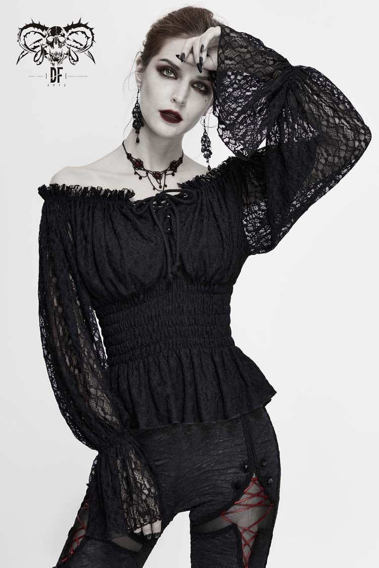 Black Off Shoulder Long Sleeves Ruffle Lace Women's Gothic Blouse