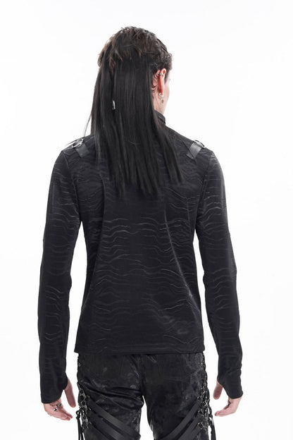 Black Chain Rings Stand Collar Long Sleeves Men's Gothic T-Shirt