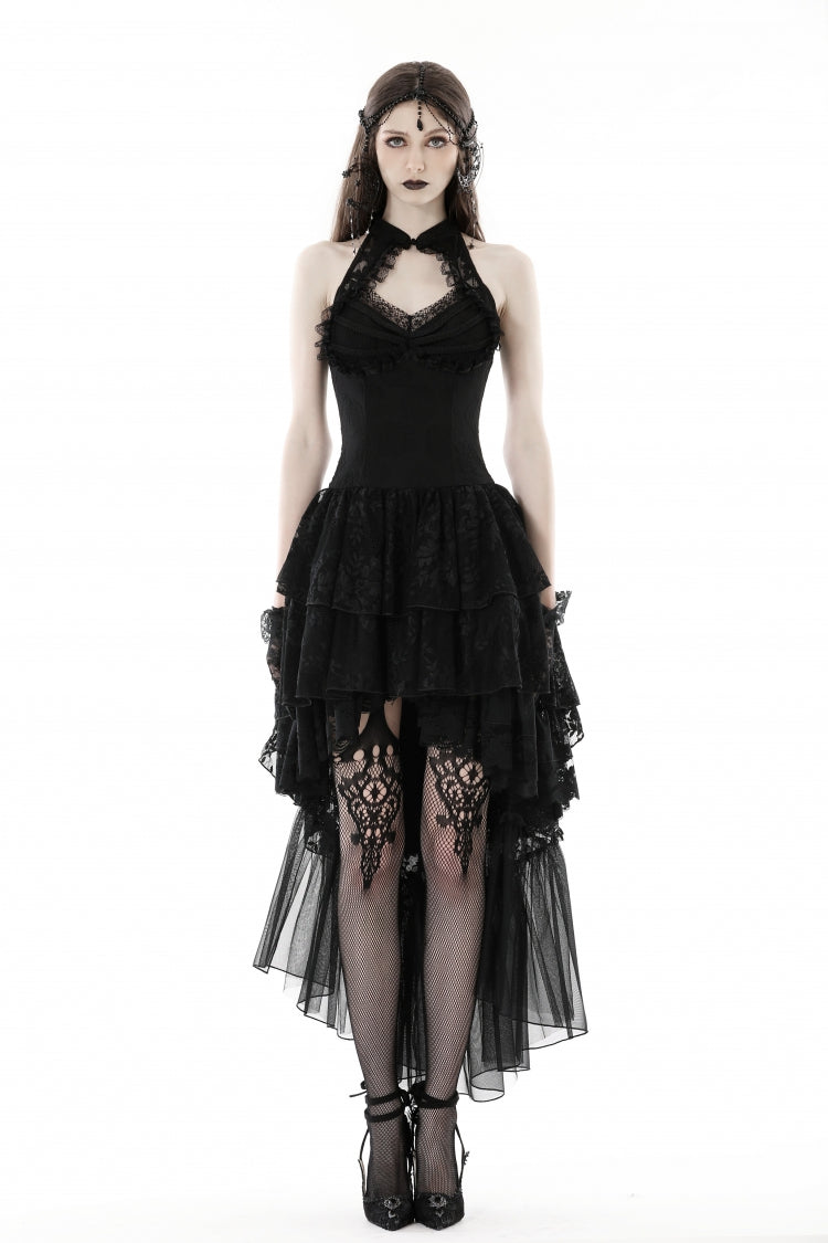 Black Off Shoulder Halterneck Sleeveless Irregular High Low Multi-Layered Lace Women's Gothic Dress
