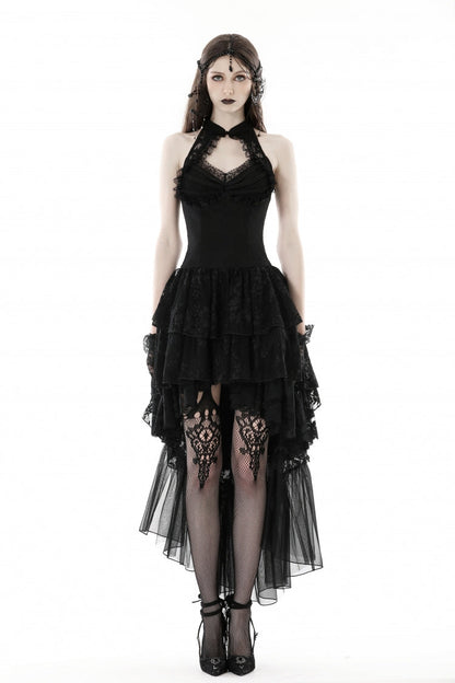 Black Off Shoulder Halterneck Sleeveless Irregular High Low Multi-Layered Lace Women's Gothic Dress