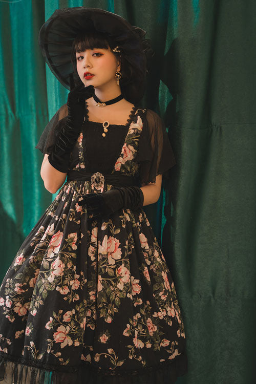 Black Elegant Vintage French Rose Print Square Collar Ruffled Classic Lolita OP Dress