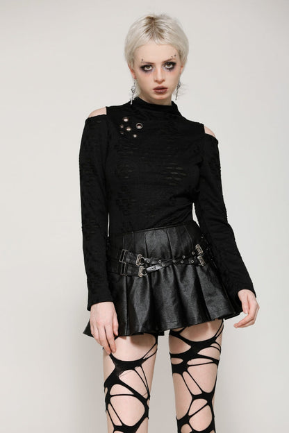 Black Long Sleeves Cut-Out Ripped Zippered Eyelets Women's Punk Distressed Top