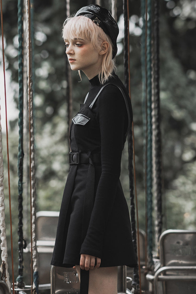 Black High Waist Belted PU Leather Strap Irregular Women's Steam Punk Dress
