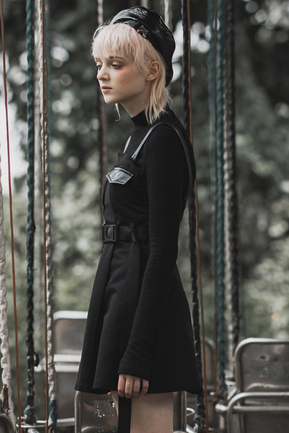 Black High Waist Belted PU Leather Strap Irregular Women's Steam Punk Dress