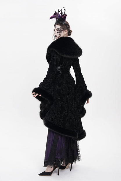 Black Long Sleeves Floral Embroidery Women's Gothic Fluffy Coat