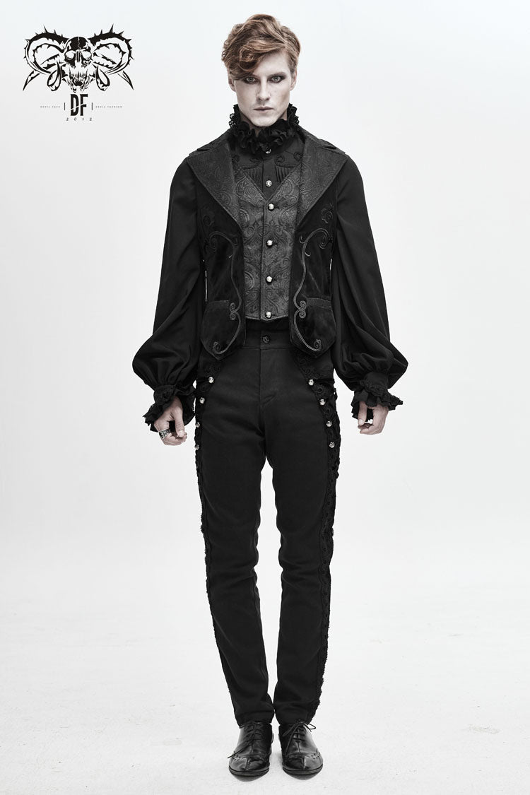 Black Fake Two Piece Leather Embroidered Swallow Tail Hem Men's Gothic Waistcoat