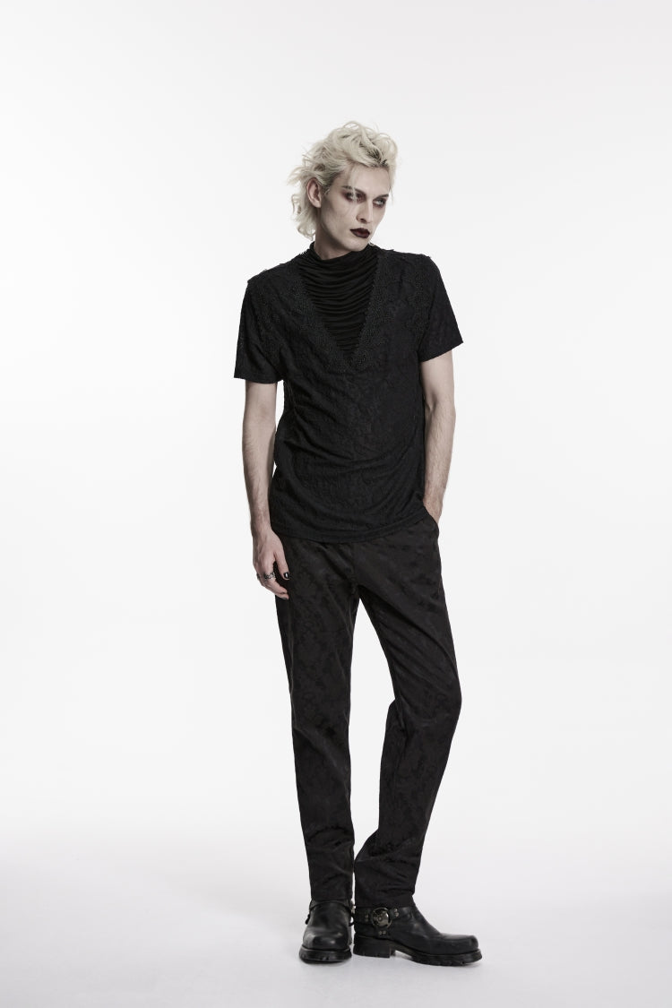 Black High Collar Short Sleeves Spliced Pleated Men's Gothic Shirt