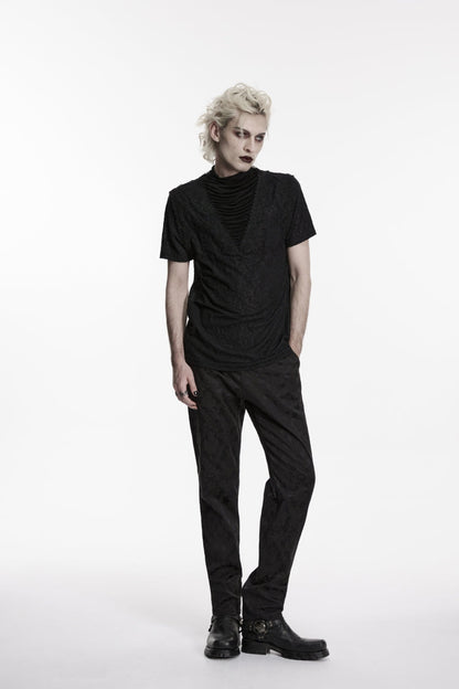 Black High Collar Short Sleeves Spliced Pleated Men's Gothic Shirt