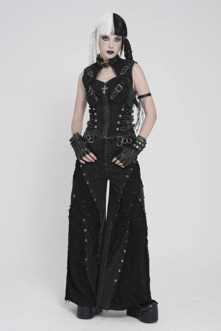 Black Halterneck Slim Buckled Zippered Women's Punk Vest