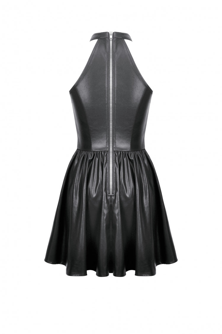 Black Halterneck Zippered Chain-Decorated Eyelet Women's Punk Faux Leather Dress