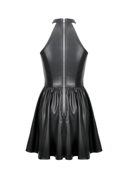 Black Halterneck Zippered Chain-Decorated Eyelet Women's Punk Faux Leather Dress