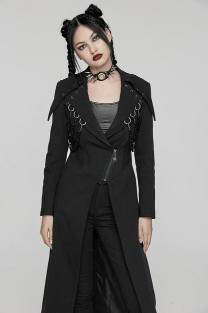 Black Lapel Collar Metal Chains Long Sleeves Women's Punk Long Coat