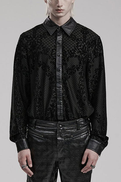 Black Floral Print Faux Leather Stitching Skull Button Decorated Mens Gothic Blouse
