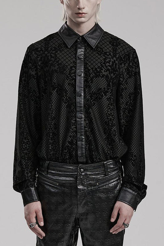 Black Floral Print Faux Leather Stitching Skull Button Decorated Mens Gothic Blouse