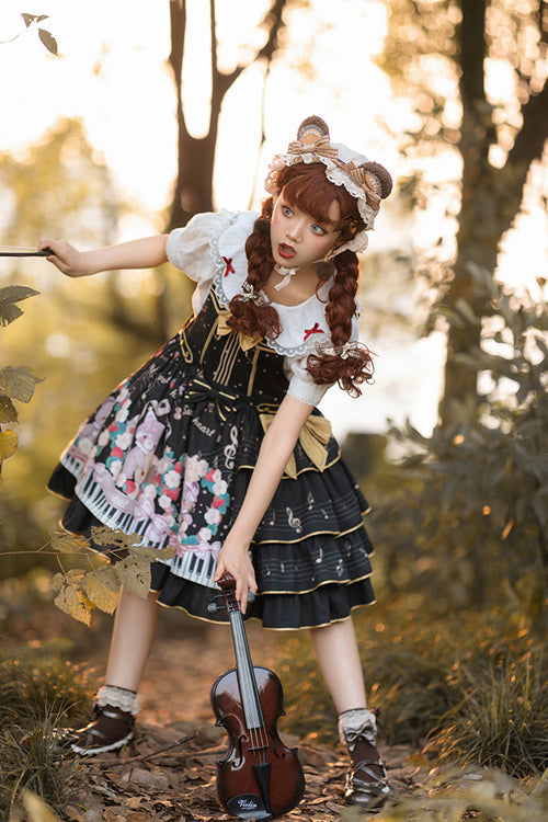 Black Multi-Layer Ruffled Note Bear Print Sweet Lolita JSK Dress