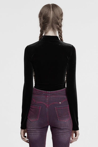 Black Moon Print Mesh Ruched Women's Gothic Blouse