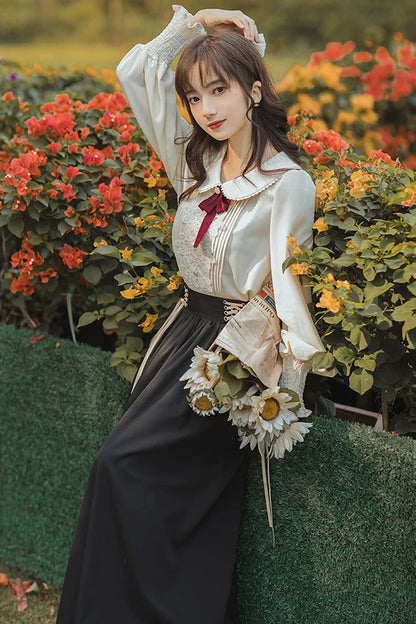 Black Lapel Collar Long Sleeves High Waisted Lace-Up Wave Hem Classic Lolita Two-Piece Skirt Set