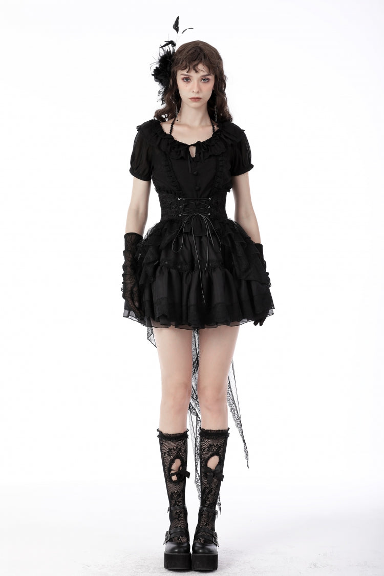 Black Lace-Up Multi-Layered Lace Women's Gothic Fishtail High Low Tunic Skirt