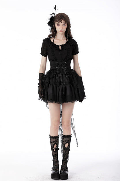 Black Lace-Up Multi-Layered Lace Women's Gothic Fishtail High Low Tunic Skirt