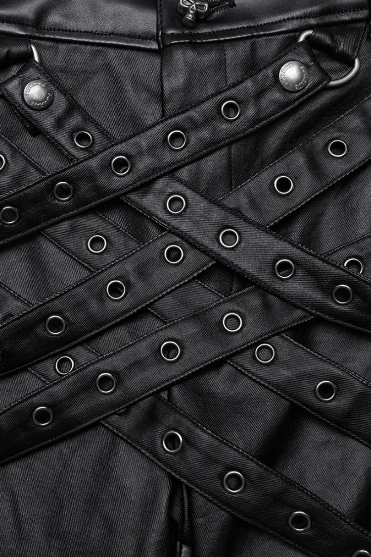 Black Mesh Buckle Strap Men's Punk Pants