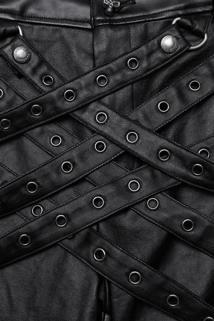Black Mesh Buckle Strap Men's Punk Pants