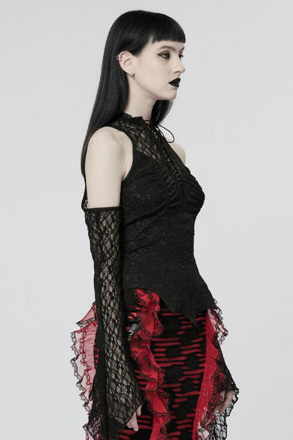 Black Off Shoulder Jacquard Hollow Stitching Lace Womens Gothic T-Shirt