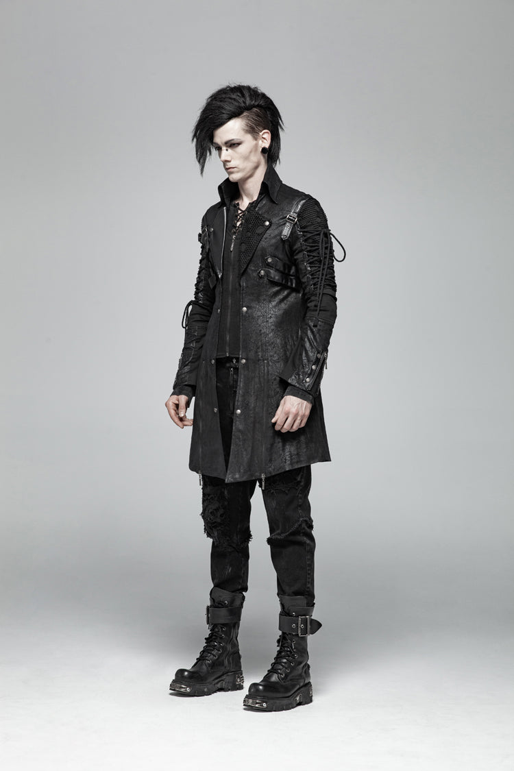 Black Metal Buckle Decoration Zipper Mens Steampunk Windbreaker Coat