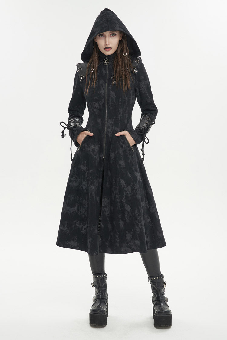 Black Faux Leather Splice With Hood Irregular Pattern Print Long Women's Punk Coat