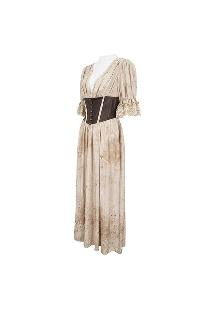 Apricot Plunging Puff Sleeved High Waisted Lace Hem Long Women's Punk Dress