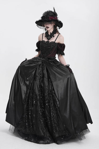 Black Off Shoulder Short Sleeves Jacquard Cardigan Stitching Lace Women's Gothic Dress