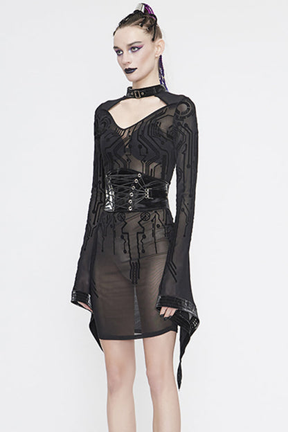 Black Circuit Diagram Flocking Printed Flared Sleeve Womens Gothic Dress