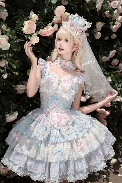 Bkue/Pink [Cloudwhale Dreamweaver] Square Collar Multi-Layered Ruffled Bow Lace Sweet Lolita Jsk Dress