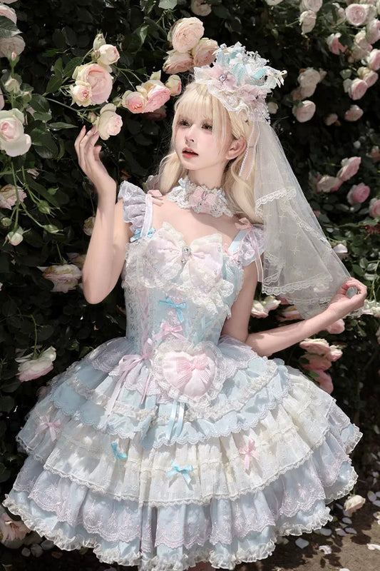 Bkue/Pink [Cloudwhale Dreamweaver] Square Collar Multi-Layered Ruffled Bow Lace Sweet Lolita Jsk Dress