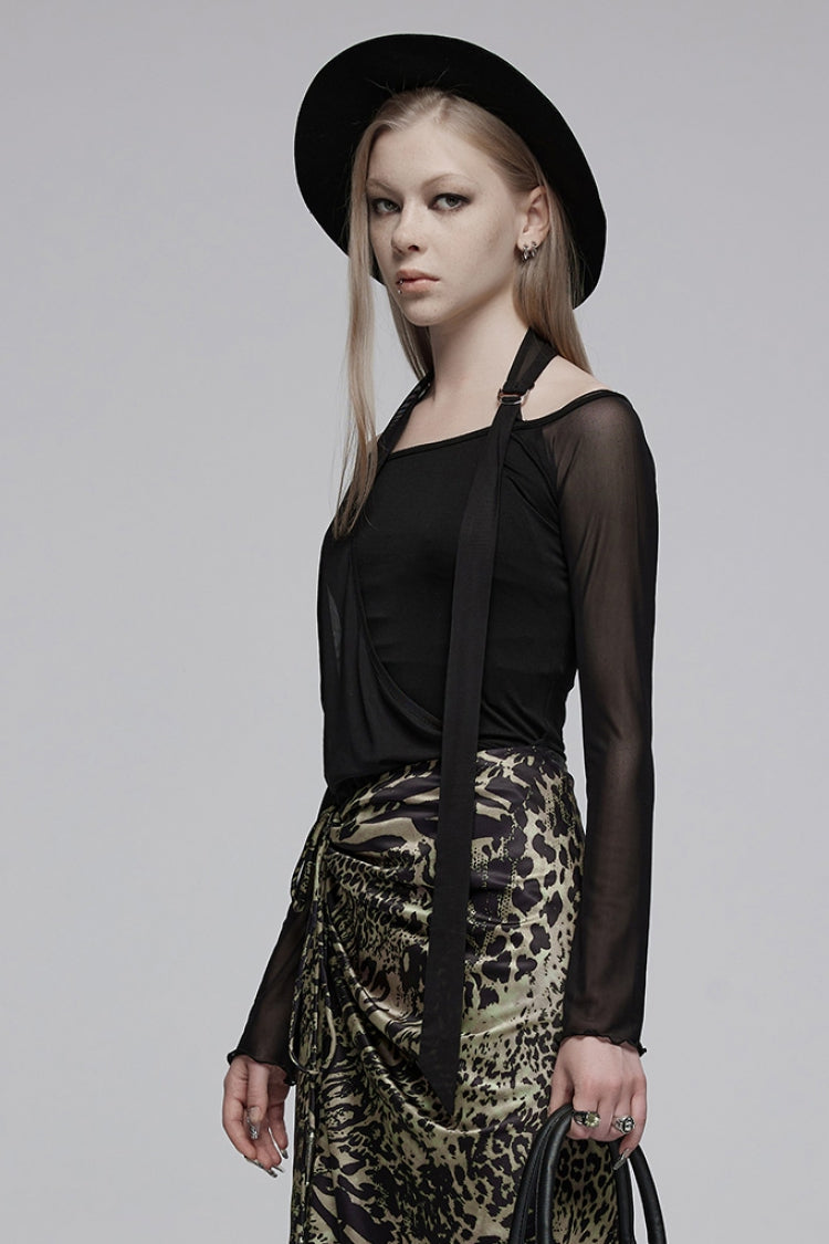 Black Boat Neck Long Sleeves Asymmetric Women's Punk T-Shirt