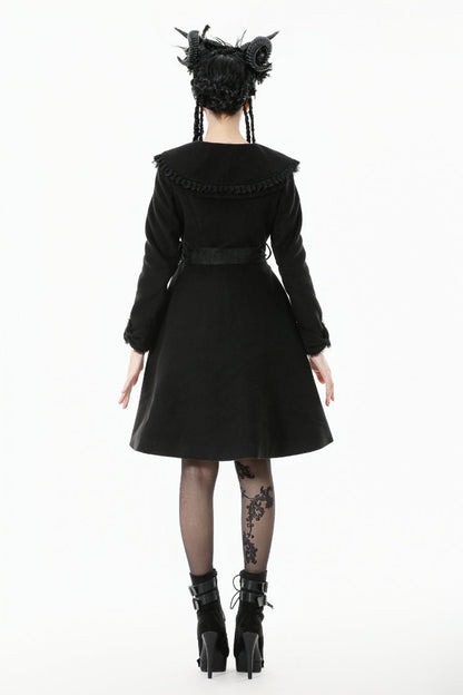 Black Floral Embroidered Peter Pan Collar Long Sleeves Bowknot Women's Gothic Coat